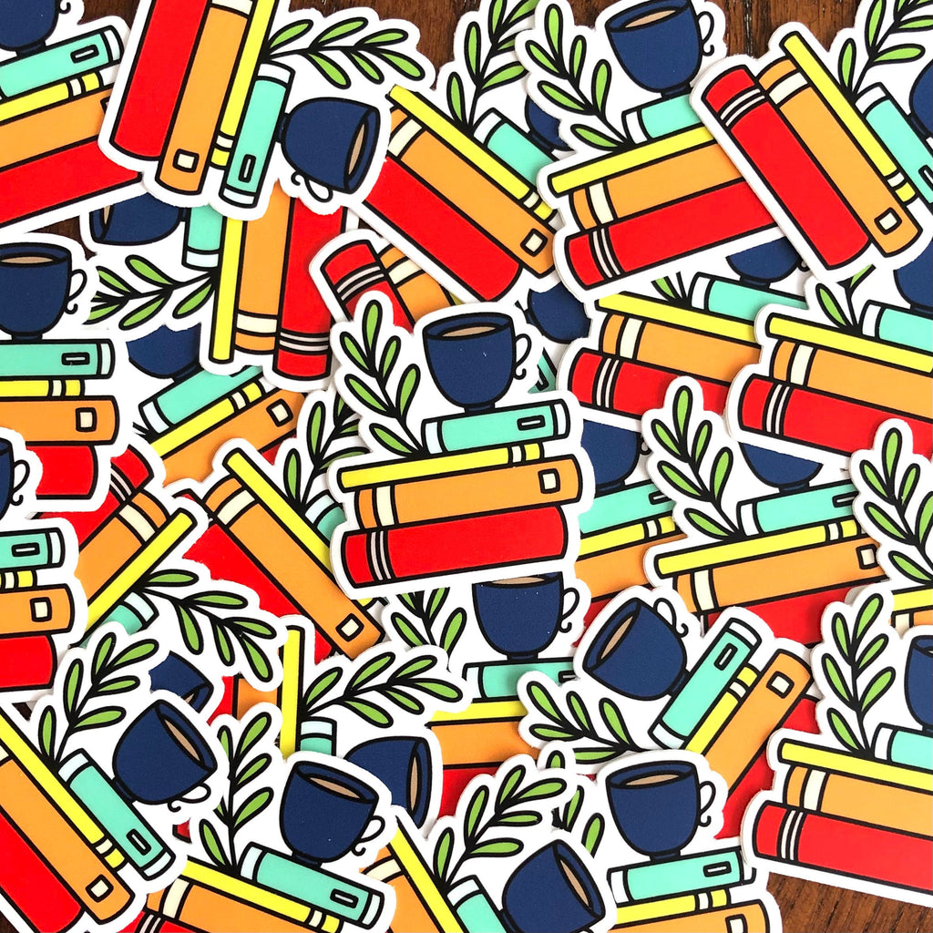 Bookstack & Coffee Vinyl Sticker